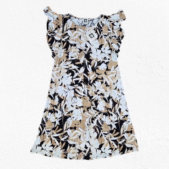 Anne Klein Khaki Multi Floral Ruffle Sleeve Workwear Shift Dress Size 2 NWT - Picture 1 of 10
